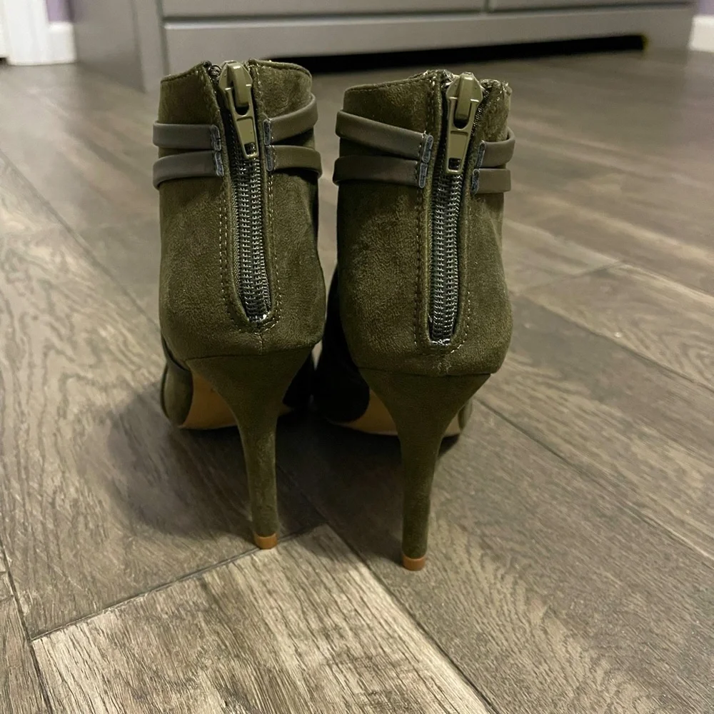 Olive Green Suede Lace-Up Heeled Booties | Open Toe Stiletto | Size 6